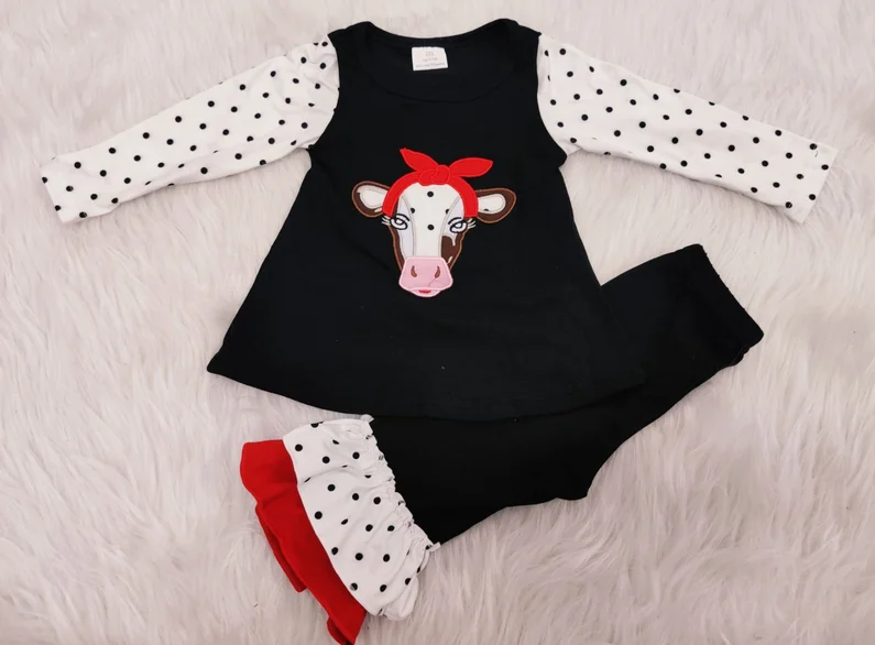

2020 hot sale moody cow girl fall outfit children's clothing embroidery high quality fashion girl 2 piece set