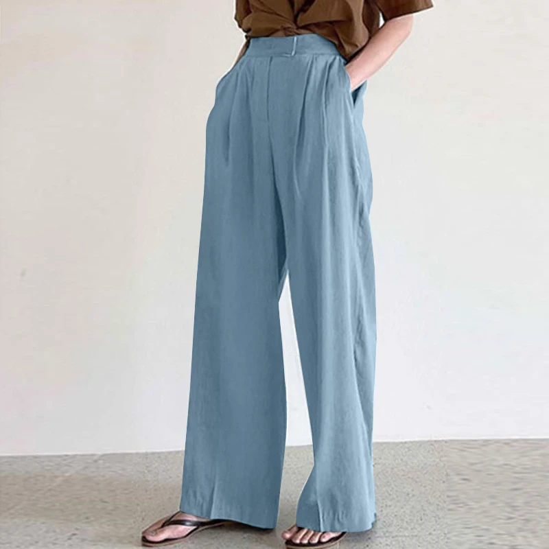 

ZANZEA 2021 Women ELegant Oversized Turnip Autumn Palazzo Solid Straight Pants Trousers Female Casual Front Zip Long Pantalon