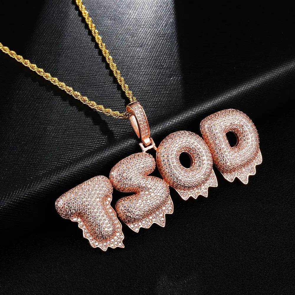 

Bubble Initial Letters Words Name Own Link Pendant Necklace CZ Tennis Chain Full Iced Cubic Zirconia Jewelry
