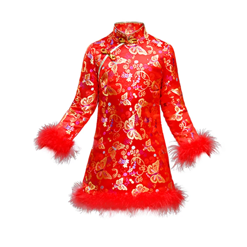 Красное шелковое атласное платье Чонсам для девочек принцессы свадебвечерние