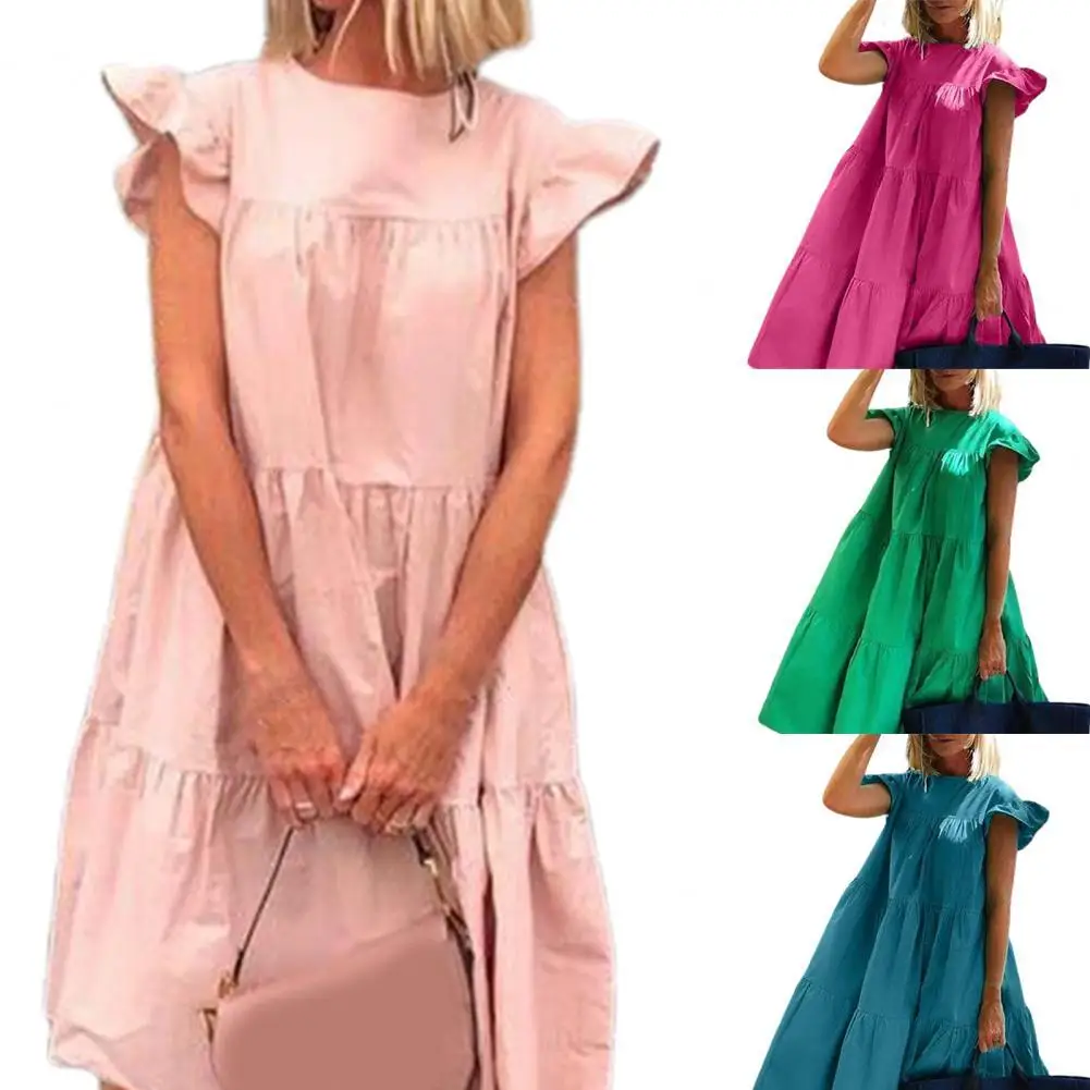 

Women Dress Beach Midi Dresses Party Summer Loose Dress Round Neck Short Sleeve Solid Color Summer Loose Midi Dress Daily Life
