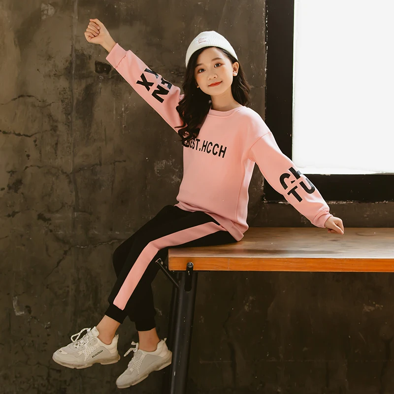 Fahion Kids Girls Clothes Sets Autumn Spring Long Sports Sleeve Shirts + Pants Children's Clothing Suits Teen 5 6 8 9 10 12 Year | Мать и