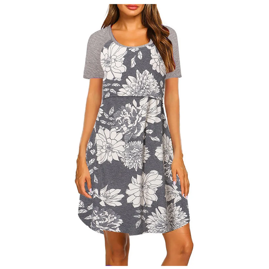 

Летнее модное женское платье с цветочным принтом и короткими рукавами для беременных женщин, оптовая продажа платьев для грудного вскармливания, ночная рубашка, 2020