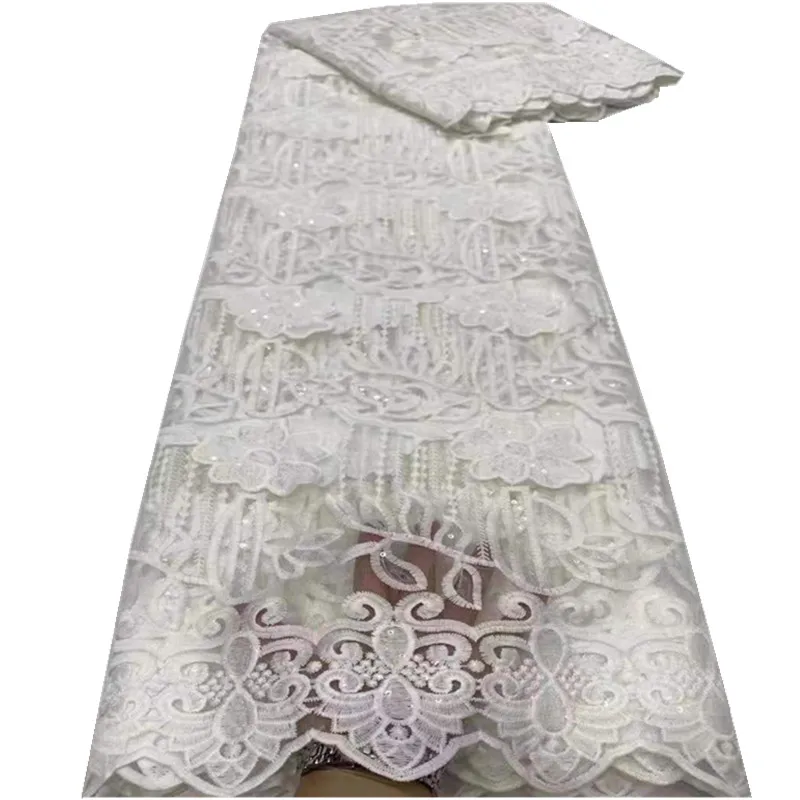 

White African Sequins Lace Fabric 2021 High Quality Lace Nigerian Wedding Lace Fabrics 5Yards French Tulle Lace Material DP21205
