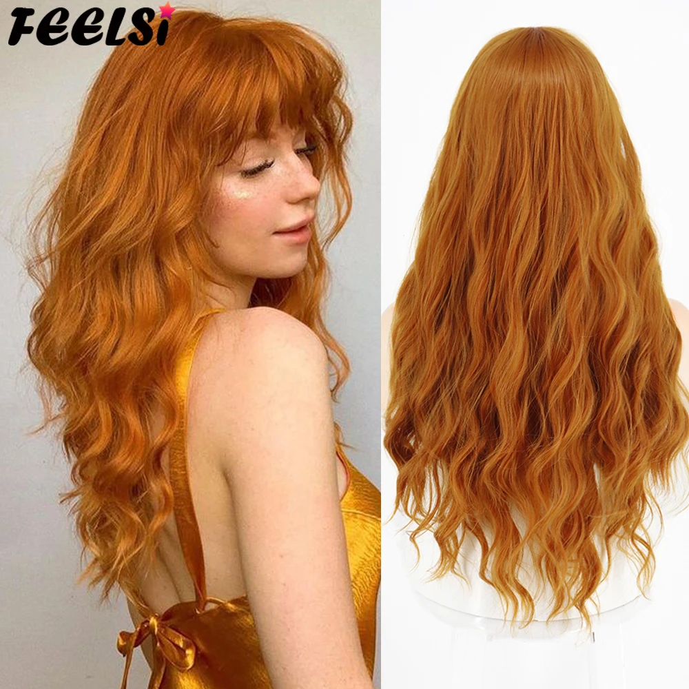 

Long Ombre Orange Red Black Pink Wigs with Bangs Water Wave Heat Resistant Synthetic Wigs for African American Women