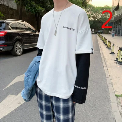 

2019 long-sleeved T-shirt men's European station white simple stretch slim Korean fashion