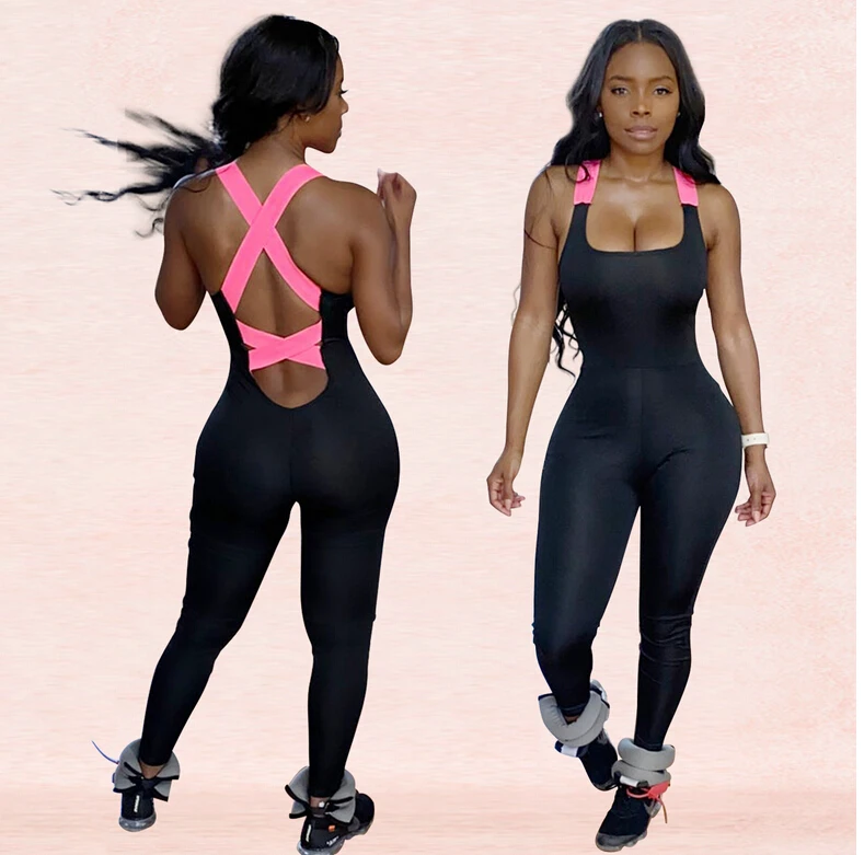 

European and American Women's Fashion Leisure Sports Jumpsuit Skinny Tight Back Cross Bandage Sports Pants