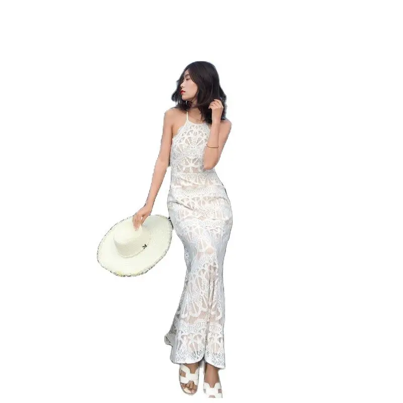 Женское платье на бретелях с юбкой годе Пляжное кружевное в пляжном стиле для