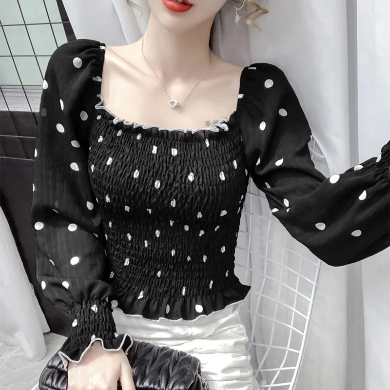 

Fashion Elegant Square Collar Chiffon Blouse Women Retro Floral Print Long Sleeve Shirt Tops Chic Female Shirt Outwear/