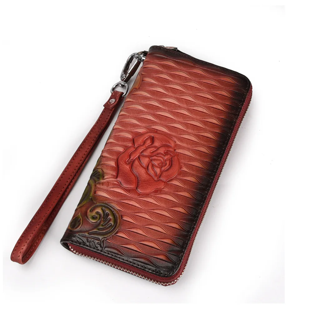 Retro red Бренд GO-LUCK, натуральная кожа, браслет, клатчи, кошелек, Женский сотовый Чехол для телефона с отделением для карт, чехол для карт, кошельки, Женский кошелек, флора, гравировка - Цвет: Retro red