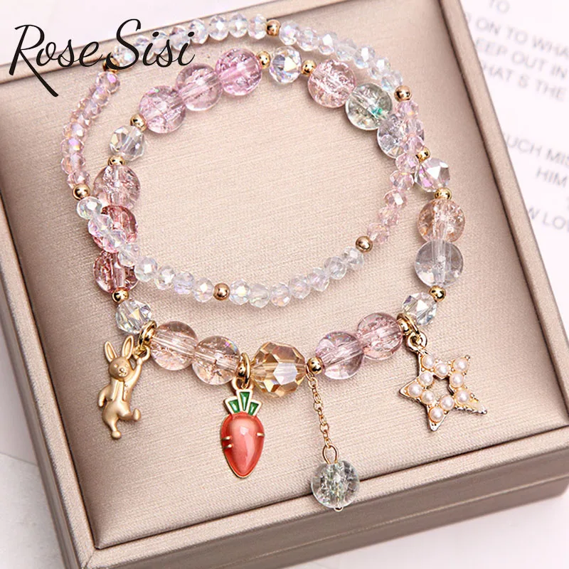 

Rose sisi Korean fresh style Summer Travel popcorn crystal bracelet female student cute rabbit radish pendant bracelet for women