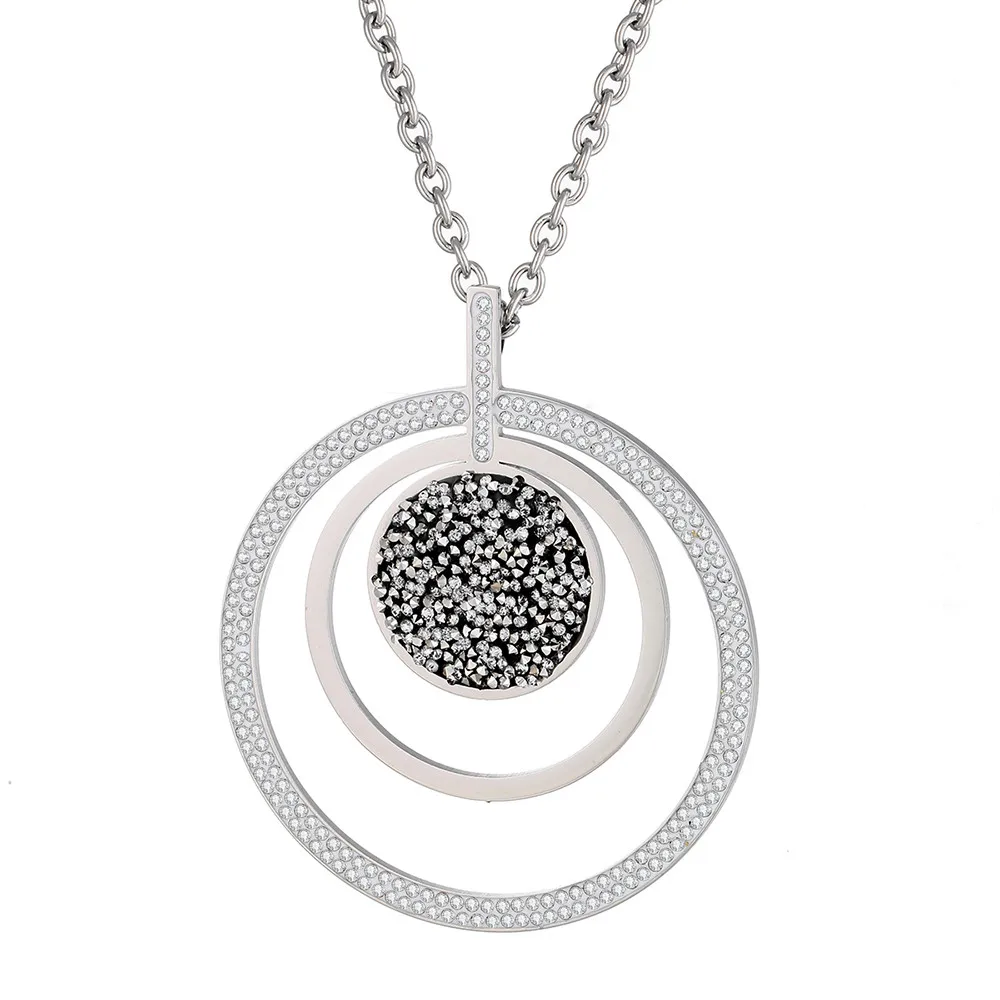 Silver Color 3 круг Серебряный Кристалл полый кулон ожерелье для женщин большой круглый женское из нержавеющей стали ювелирные изделия подарок чокер joias feminina - Окраска металла: Silver Color