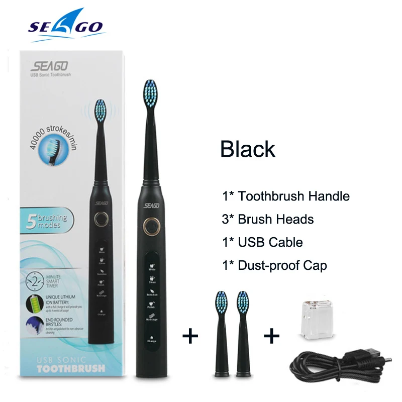 SeagoBlack Seago SG-507, электрическая зубная щетка, звуковая волна, вибрация, чистое отбеливание зубов, 3 сменные насадки, 5 режимов, зарядка от USB - Цвет: SeagoBlack