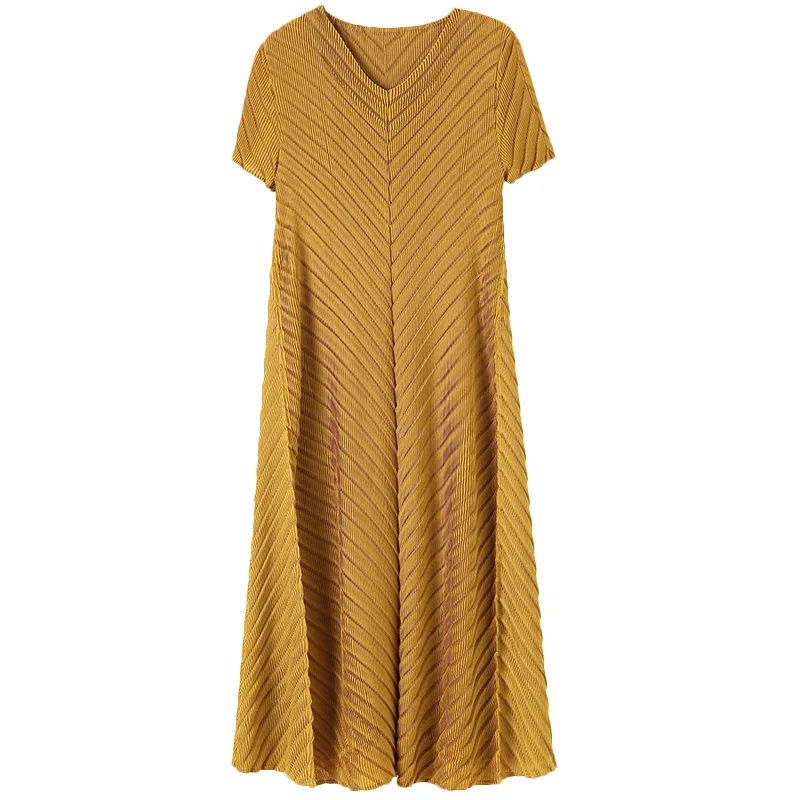 

Pleated Dress Shows Thin Short Sleeve Elastic Loose Temperament A-line Medium Length Casual Dress Summer