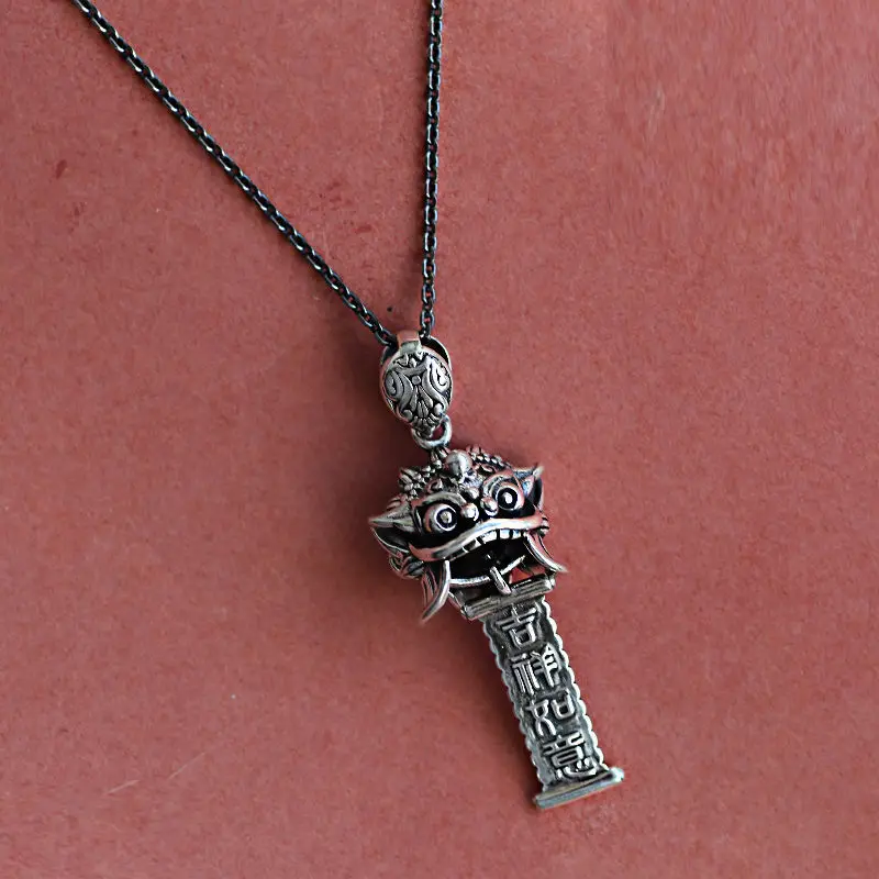 Ожерелье из стерлингового серебра 925 "Wake Up Lion" с китайским подвеской в стиле ретро "Танец зверей" для привлечения удачи и благополучия.