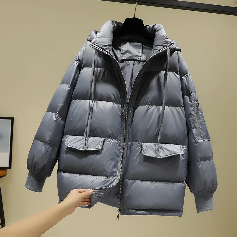 Женский свободный пуховик с капюшоном однотонная куртка большого размера на