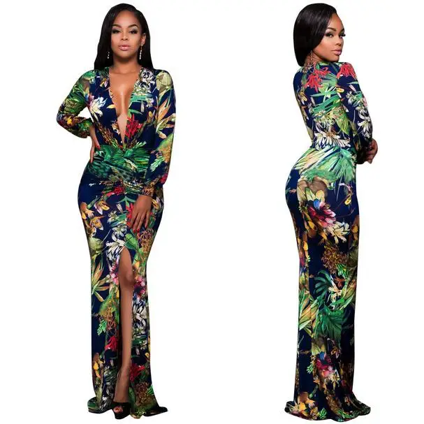 Женское платье макси с длинным рукавом разрезом и глубоким V образным