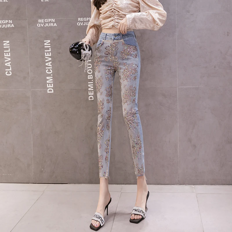 

Heavy Industry Beads Sequined Jeans Ladies Spring Autumn New High Waist Stretch Skinny Denim Joggers Women Fashion Cropped Pants