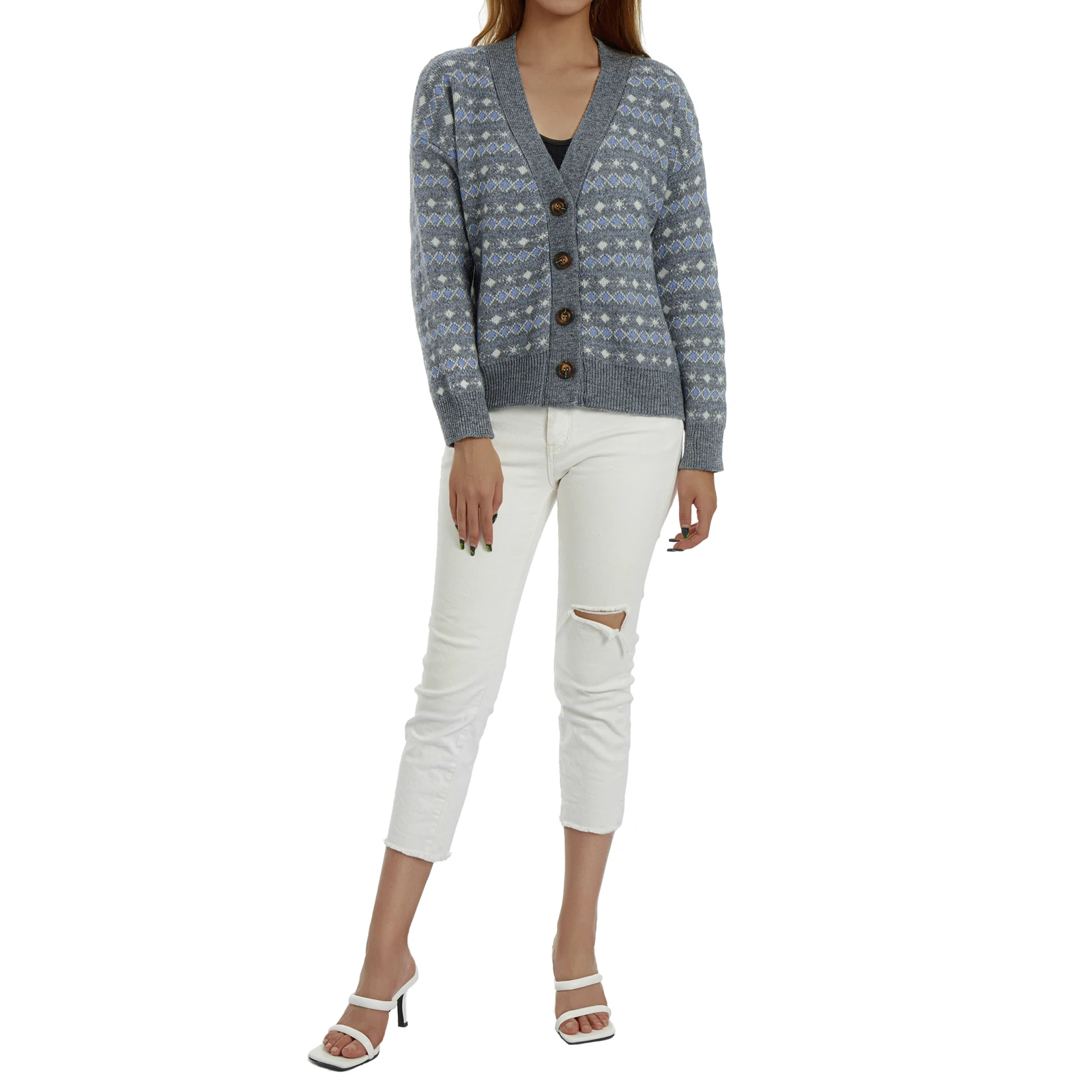 

Girls Long Sleeve V-neck Knitwear Autumn Winter Ladies Geometric Pattern Single-breasted Knitted Coat Casual Cardigan
