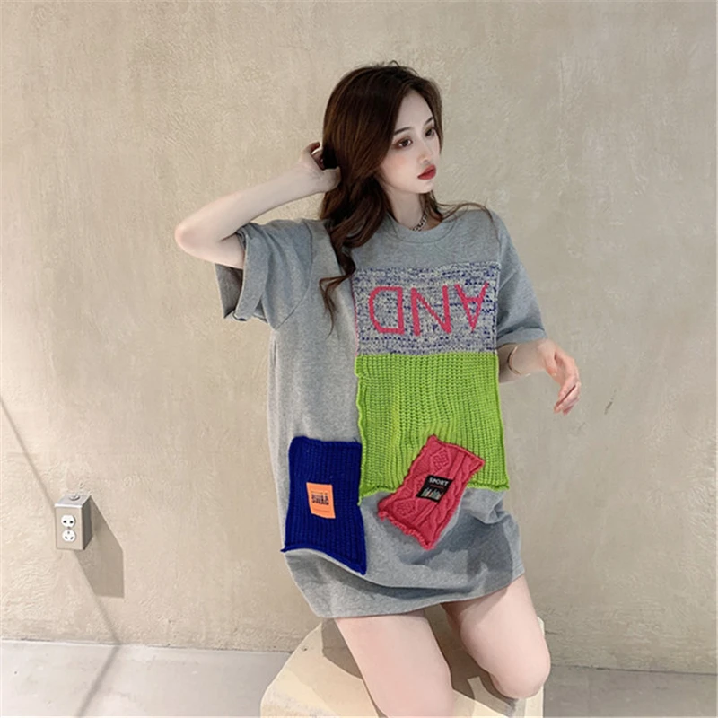 

Women's Clothing Ins Hipster O-neck Loose Short Sleeve Tees Summer Ladies Tops New Fashion Patchwork Causal T-shirts Female 2021