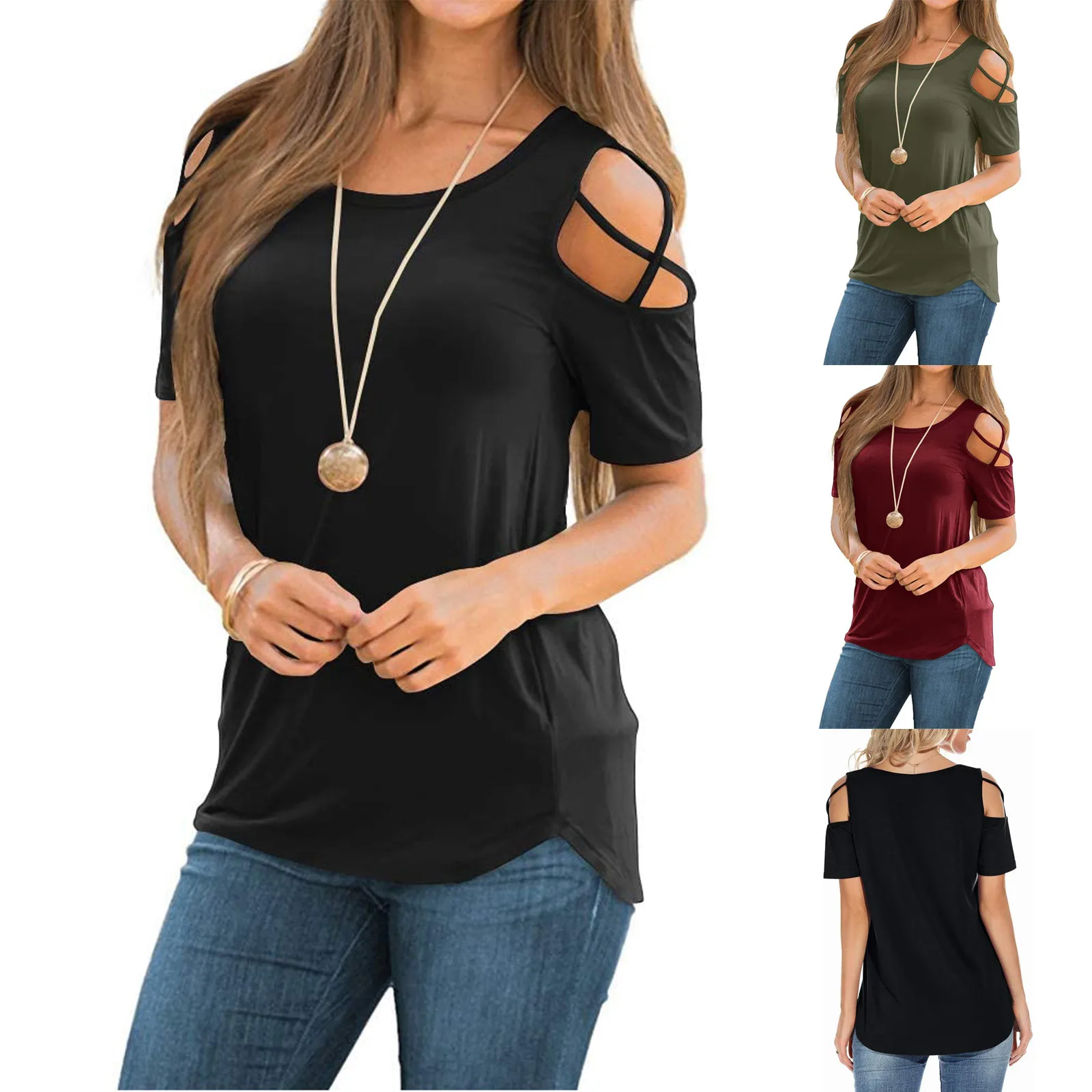 Women Summer Short Sleeve Strappy Cold Shoulder Tee Shirt Tops Blouses Fashion Female Off Shoulder Casual Daily Blouse Crop Top