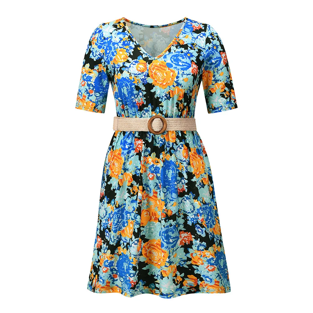 

2021 New Summer Robe Bohemia Floral Sashes A-Line Dress Women Short Sleeve V-Neck Casual Dress Lady Slim Bandage Dress Vestidos