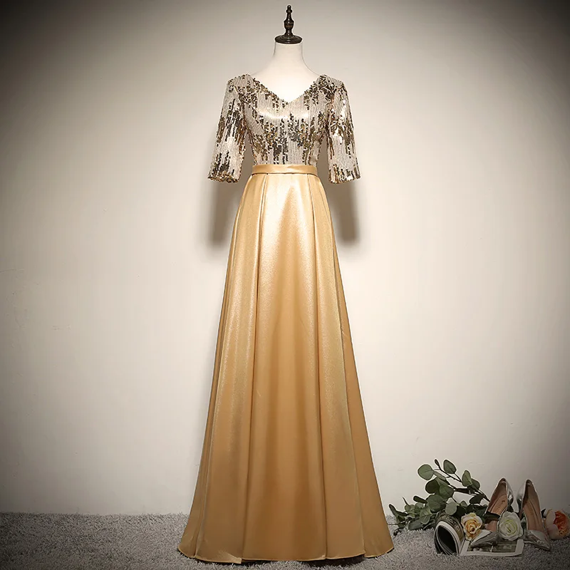 

Banquet Evening Dress Female Noble Gold Long Host Temperament Women V-neck Sequined Wedding Party es