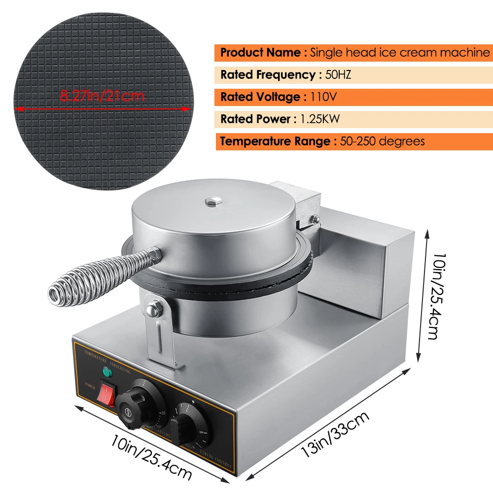 

Commercial Ice Cream Cone Machine Stainless Steel Double-sided Uniform Heating Crepe Baking Machine Pancake Oven US IN STOCK