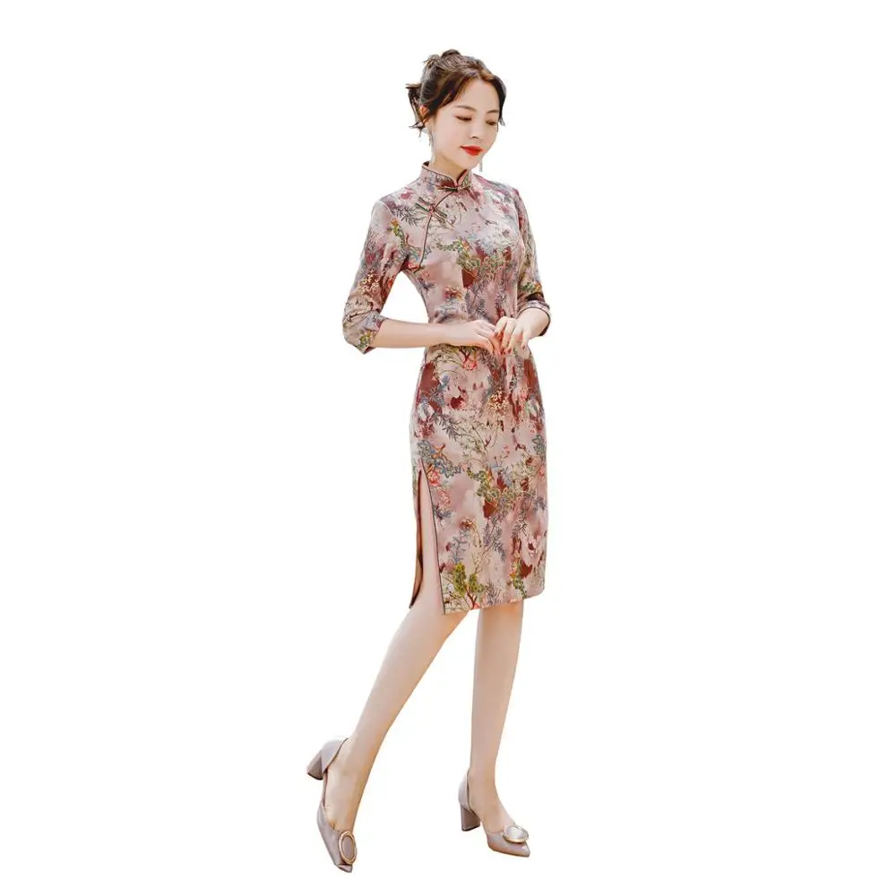 Шанхай история колено длина мода Cheongsam 3/4 рукав бархат Китайский Qipao