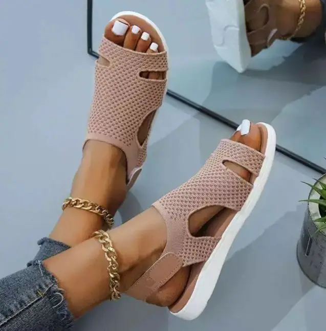 

2021 Summer Women's New Leisure Simple Hollow Out Velcro Flat Sandals Soft Bottom Anti Slip Hot Sale Sandals for Women 5KE143