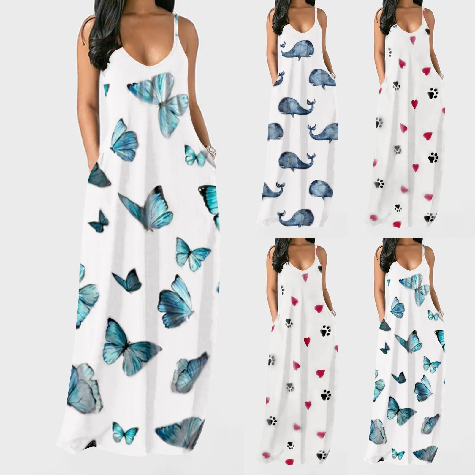 Платье женское длинное с V-образным вырезом модный сарафан карманами и модным