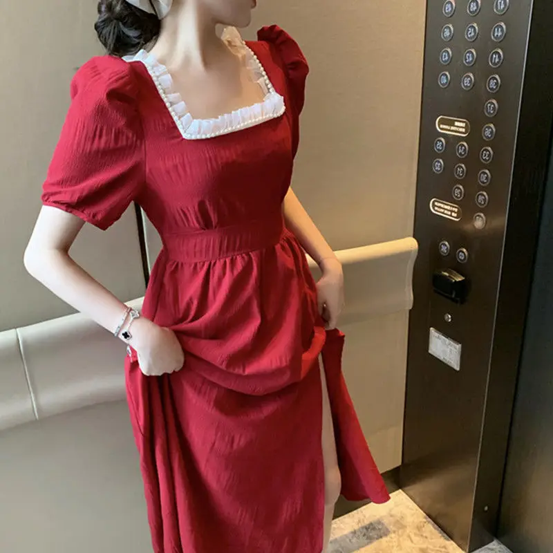 

Женское приталенное платье ретро, красное платье с квадратным вырезом и длинной юбкой, лето 2021