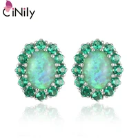 cinily green blue fire opal stud earrings silver plated big oval white stone filled earring lavish fully jewelled female gifts