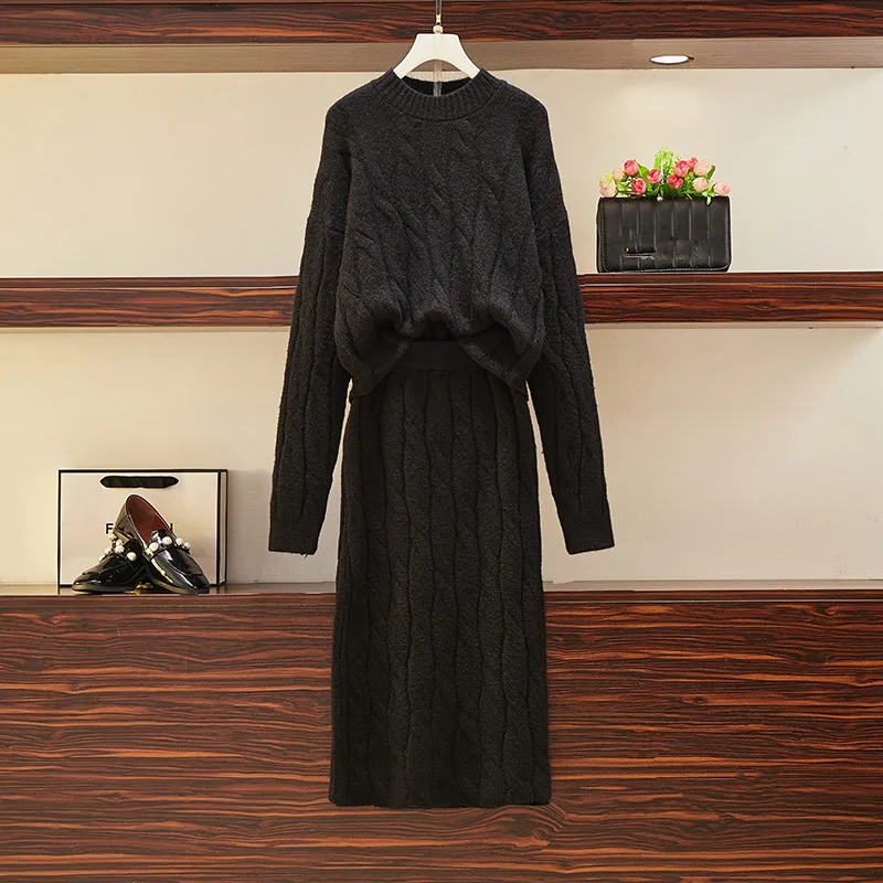 JSXDHK нового размера плюс для осени и зимы Вязанная Женский комплект 2 шт. розовый