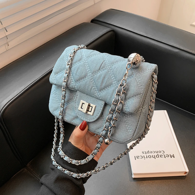 

Burminsa Denim Quilted Chain Small Crossbody Shoulder Bags For Women Brand Designer Jean Blue Luxury Ladies Purses And Handbags