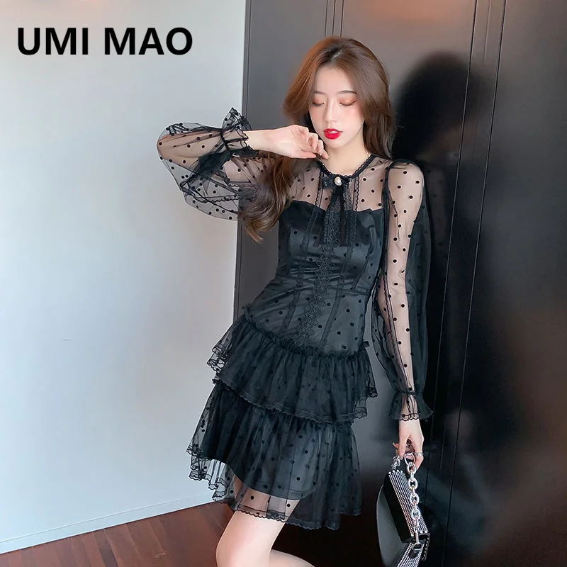 

Кружевной Галстук-бабочка UMI MAO, прозрачное пикантное соблазнительное Двухслойное Маленькое Черное женское летнее платье с оборками Y2K