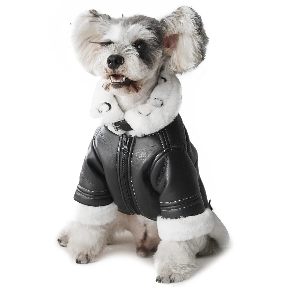 

Small and Medium-sized Dog Pet Dog Clothes,Winter Fur Collar PU Leather Warm Dog Coat Jacket Schnauzer French Bulldog Clothing