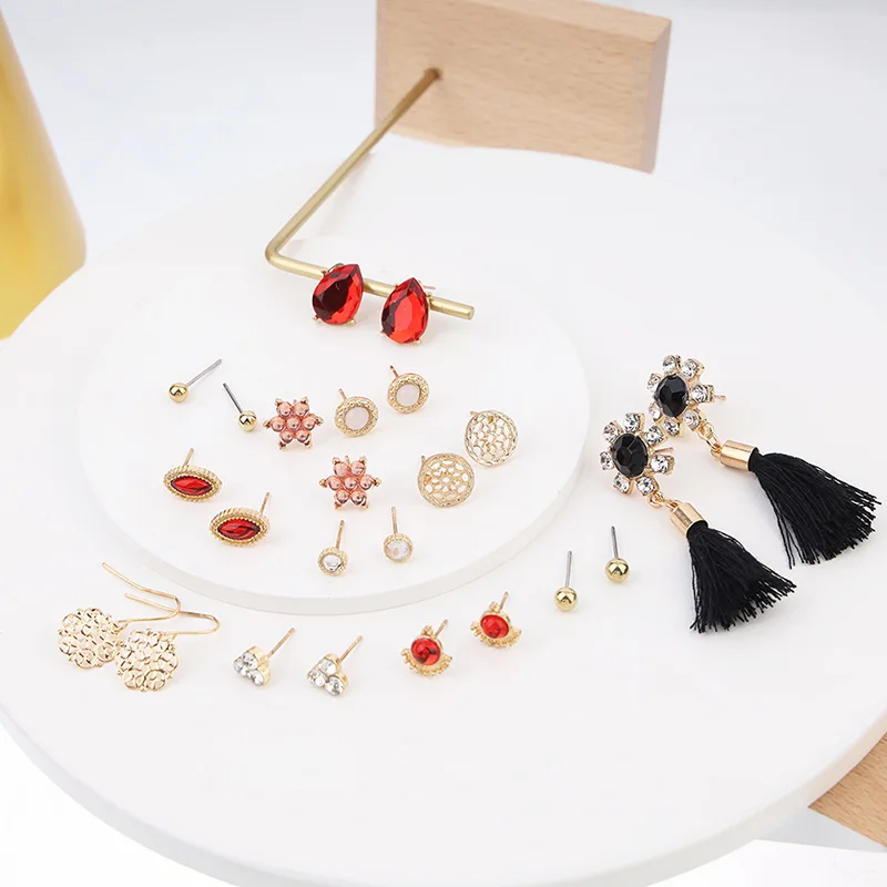 12 пар/уп. новые модные серьги гвоздики с кристаллами набор черных сережек