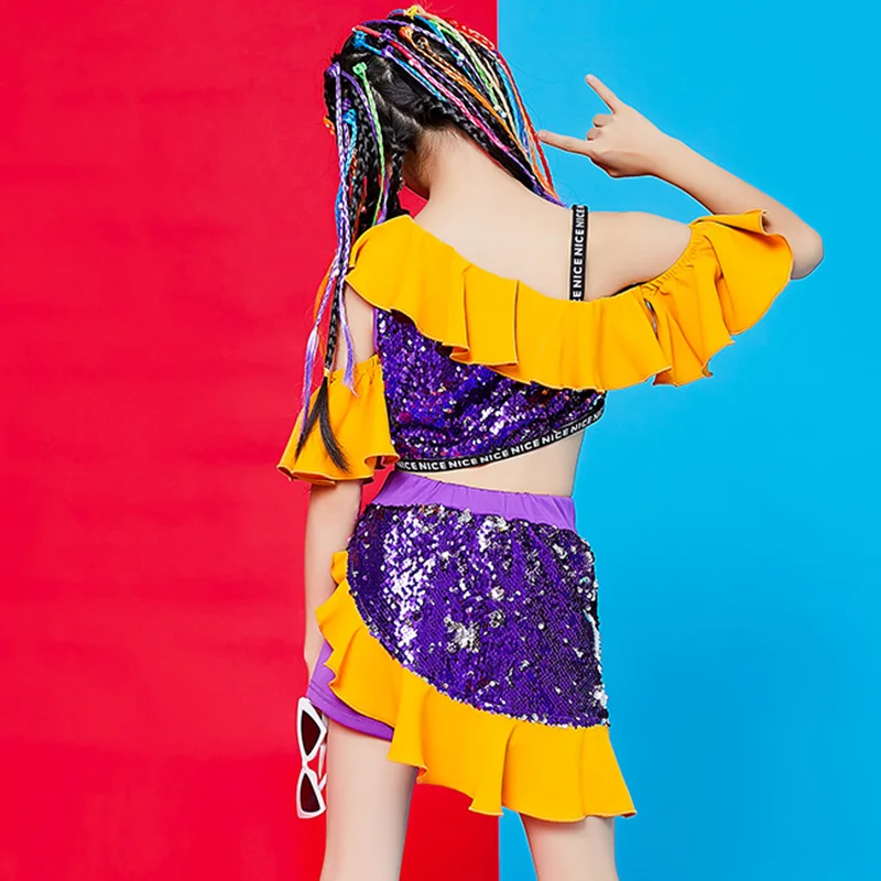 

2020 New Girls Jazz Dance Costume Sequins Suit Children Modern Cheerleader Stage Show Wear Girl Hip Hop Street Dancing Outfit