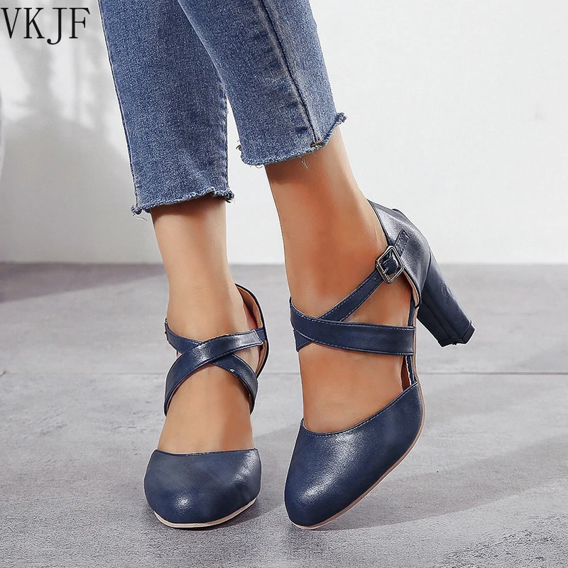 

Elegant Cross-tied 8 cm Pumps Thick High Heeled Women Spring Shoes Blue Black Gray Leather Nurse Work Shoes Single Heels Size 43