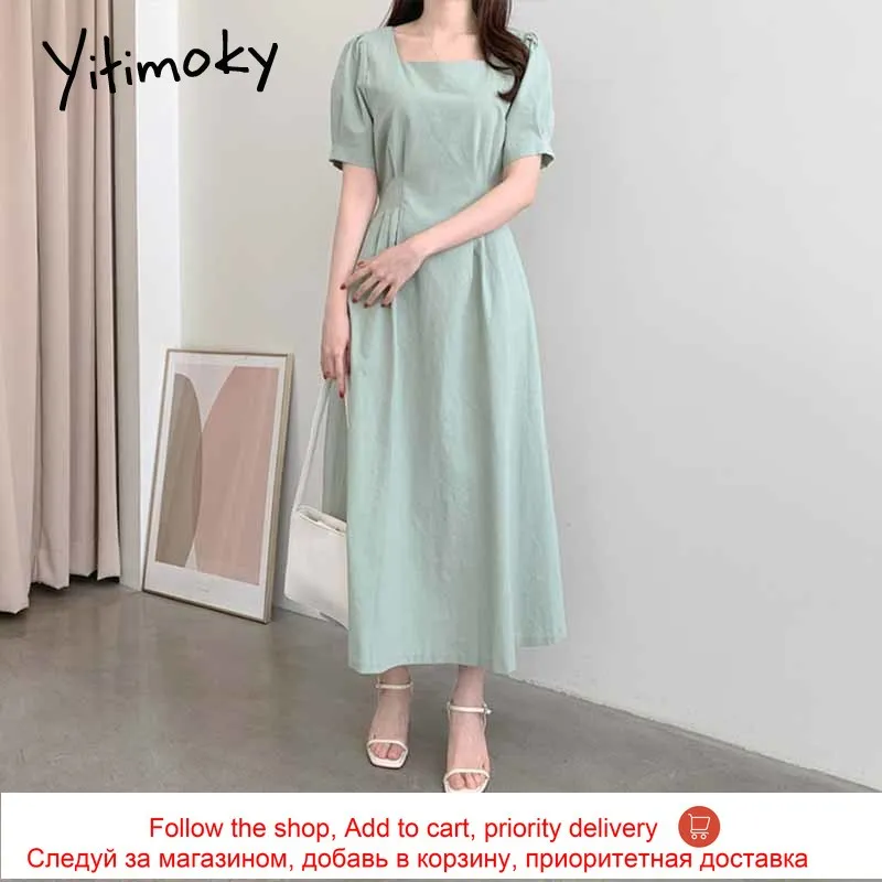 

Yitimoky Simple Woman Dress Lace Up Puff Short Sleeve Square Collar Summer Korean New Ruched Zipper Out Wear Solid Slim Dress