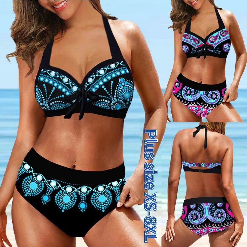 

6XL 8XL Swimwear Halter Women Sexy Deep-v Bikini Vintage Print Swimsuit Summer Bathing Suits Female Swimwear