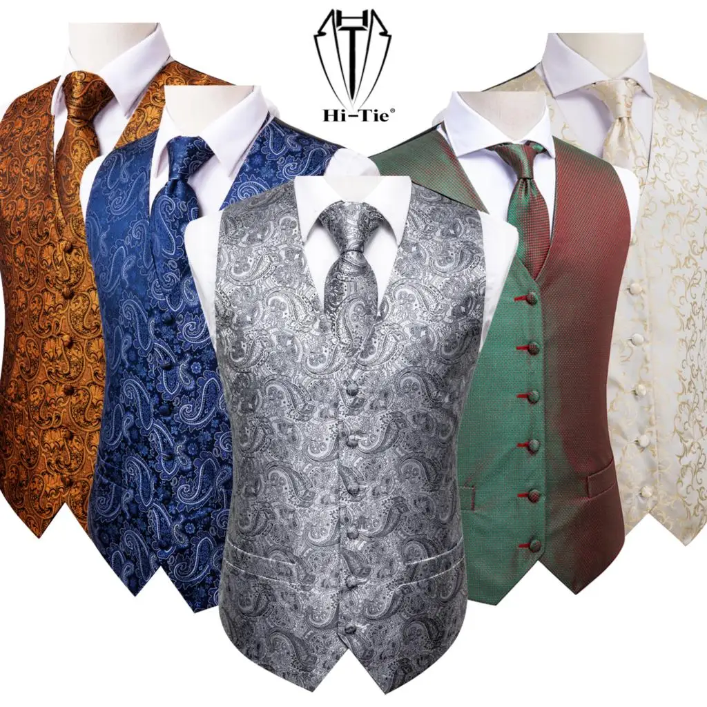 

Silk Slim Fit 4PC Mens Vest Necktie Hanky Cufflinks Set Grey Beige Waist Jacket Suit Waistcoat Neck Tie for Dress Floral Paisley