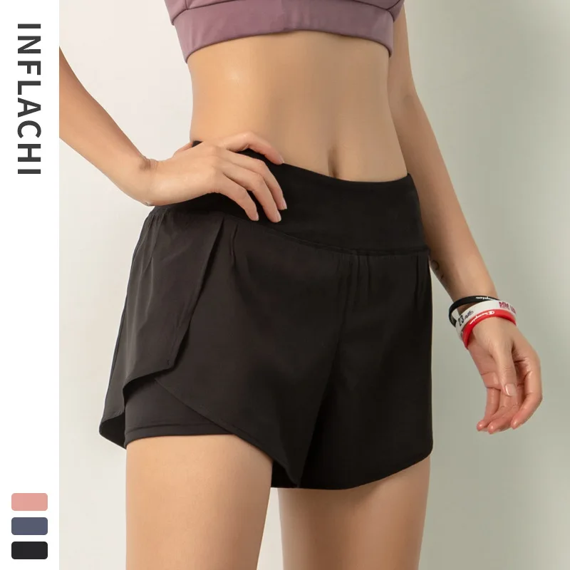 

Summer Breathable Quick Dry Black Shorts Fake Two Piece Pocket High Waist Short Fitness Women High Elasticity Gym Workout Shorts