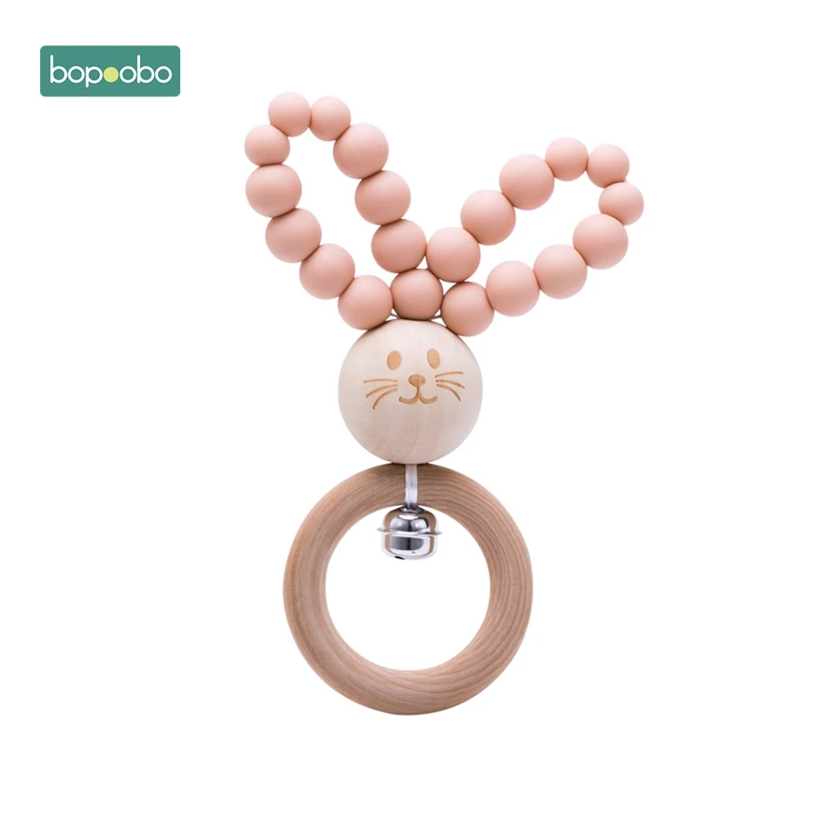 Bopoobo 1 шт. BPA бесплатные Силиконовые Прорезыватели зубов детские бусы кольца из натурального дерева зубы резиновый Houten Ringen деревянные погремушки детского подарка - Цвет: Bunny Peach