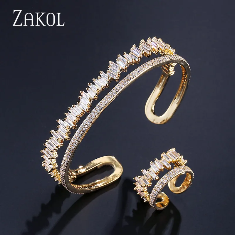 Set Gold ZAKOL, Новое поступление, набор ювелирных изделий круглой формы, изысканный микро-Браслет-манжета, браслет и кольцо, набор, бижутерия, FSSP376 - Окраска металла: Set Gold
