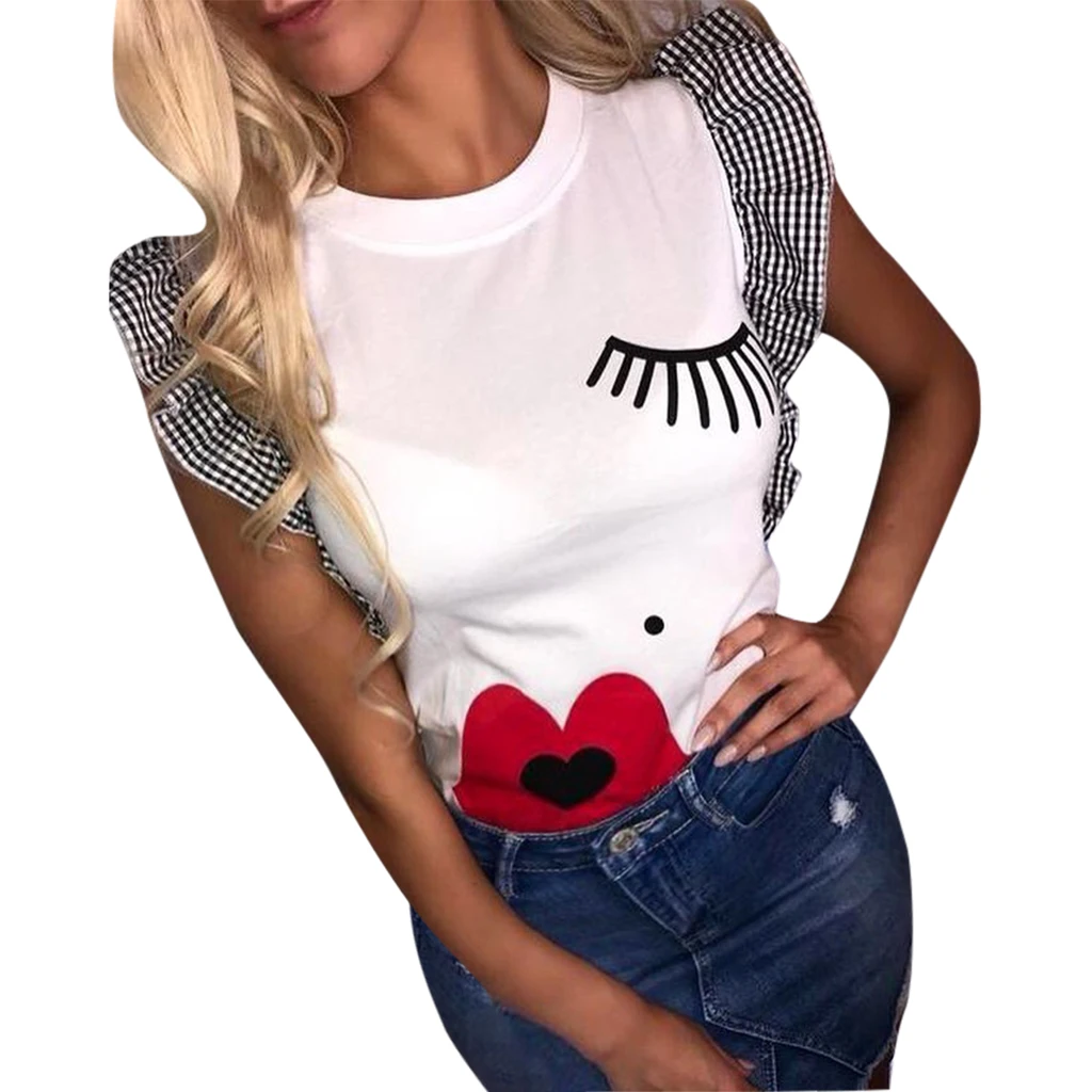 С круглым вырезом с принтом белые красные губы элегантная благородная простая