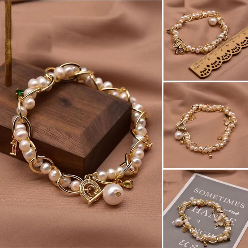 

Женский браслет с натуральным жемчугом, браслет-цепочка золотого цвета с пресноводным жемчугом, Ювелирное Украшение для девочек и женщин, п...