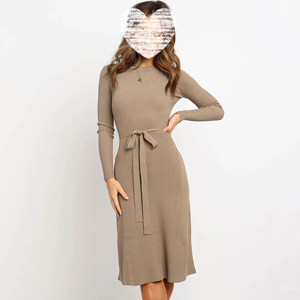 Осеннее черное однотонное Повседневное платье-свитер средней длины платья с