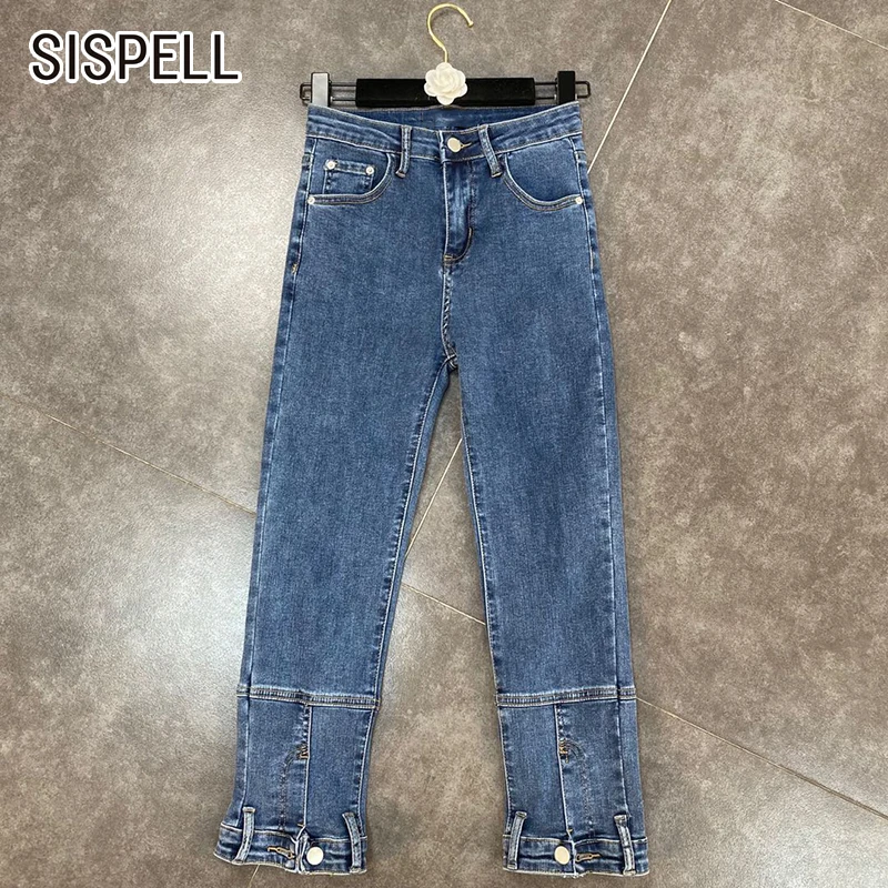 

Женские джинсовые брюки SISPELL с высокой талией, Свободные повседневные брюки в стиле пэчворк на пуговицах, однотонные, 2021